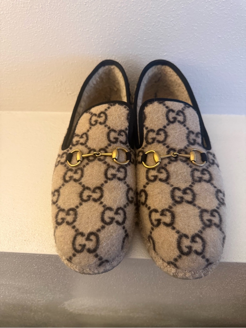 Gucci Beige & Black GG Wool Horsebit Slip-On Loafers